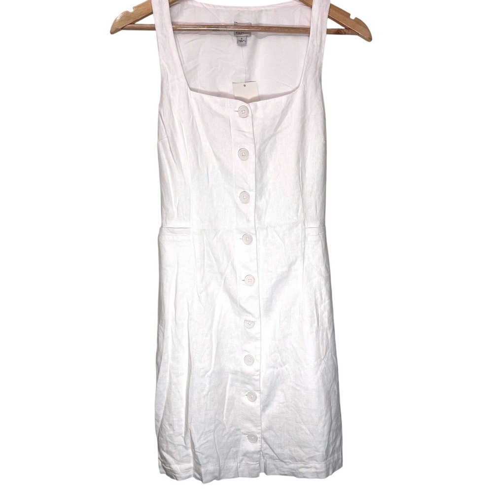 NWT A‎ New Day Small White Linen Button Front Square Neck Tank Dress Resort Wear